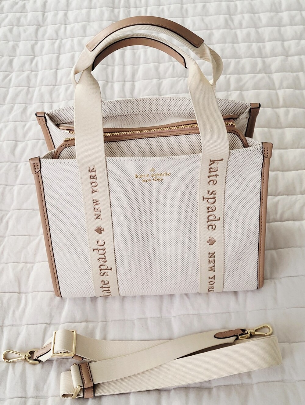 Kate Spade Cream and Tan Kip Canvas Structured Tote with Logo Accents & Strap